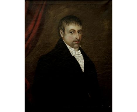 ENGLISH SCHOOL - PORTRAIT OF A MAN IN A BLACK COAT BEFORE DRAPERY, OIL ON CANVAS, 88CM X 68CM