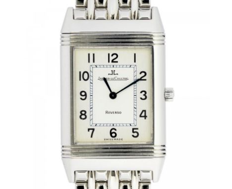 A JAEGER LECOULTRE STAINLESS STEEL QUARTZ REVERSO WRISTWATCH, MAKER'S BRACELET AND CLASP