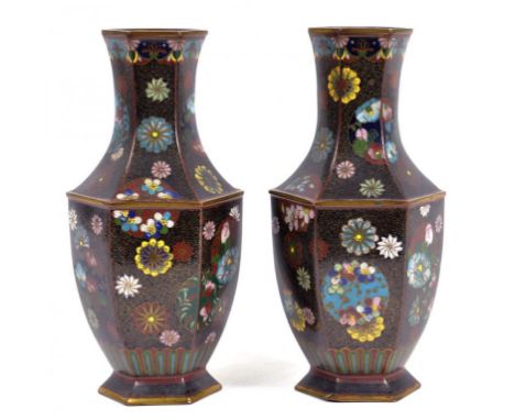 A PAIR OF JAPANESE CLOISONNÉ ENAMEL HEXAGONAL VASES, 18CM H, EARLY 20TH CENTURY