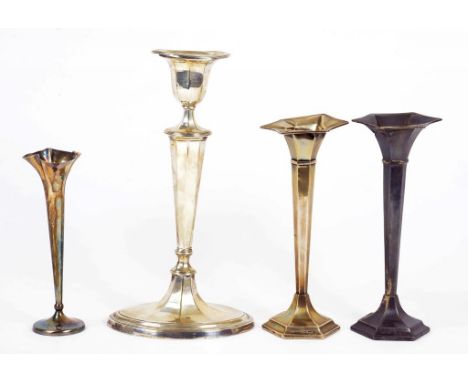 A SILVER CANDLESTICK, 23CM H, SHEFFIELD 1923, LOADED, A SILVER SPECIMEN VASE AND A PAIR OF SILVER FLARED HEXAGONAL SPECIMEN V