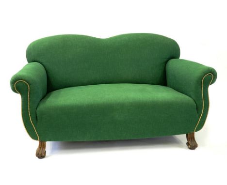 A 1930S TWO SEAT SOFA WITH GREEN UPHOLSTERY, 150CM W