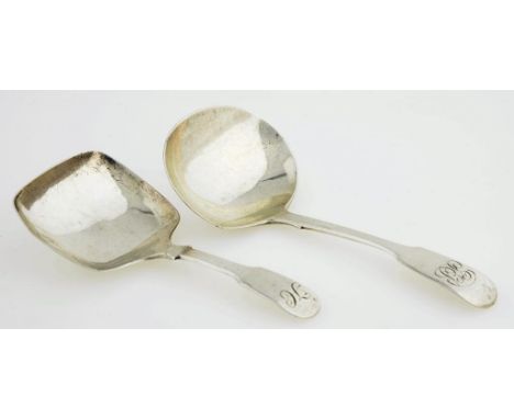 A GEORGE IV SILVER CADDY SPOON, WITH OBLONG BOWL, BIRMINGHAM 1826 AND ANOTHER, WITH OVAL BOWL, LONDON 1829