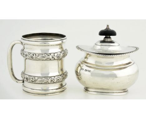 A GEORGE VI SILVER TEA CADDY, WITH GADROONED RIM, 9CM H, SHEFFIELD 1937 AND A SILVER CHRISTENING MUG, 6OZS 10DWTS GROSS