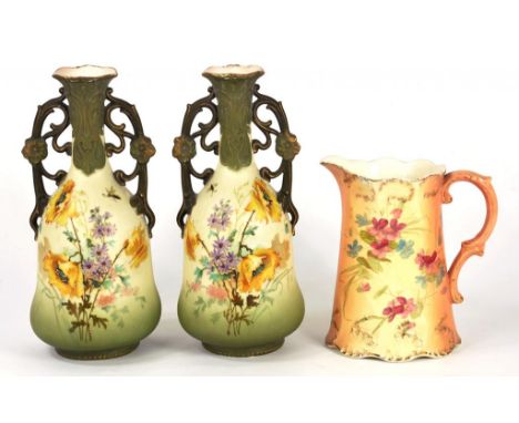 A PAIR OF ERNST WAHLISS, TURN ART NOUVEAU PORCELAIN TWO HANDLED VASES, DECORATED WITH NATURALISTIC FLOWERS AND INSECTS, 28CM 