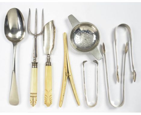 A VICTORIAN SILVER BUTTER KNIFE, BONE HAFTED, BIRMINGHAM 1841, THREE PAIRS OF SILVER SUGAR BOWS, A SILVER TEA STRAINER AND A 