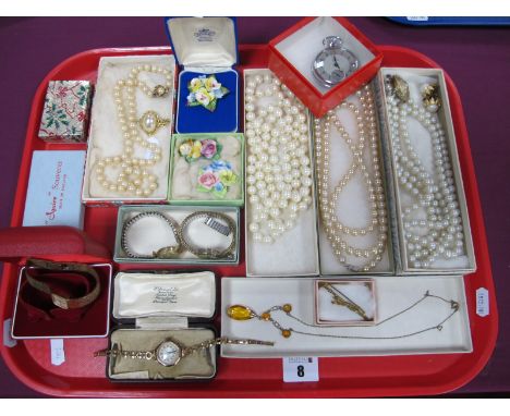 Assorted Costume Jewellery, including imitation pearls, Rolled Gold cased and other ladies wristwatches, Smiths Empire openfa