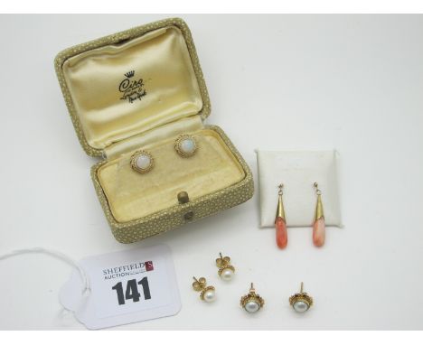 A Pair of 9ct Gold Opal Single Stone Earstuds, circular collet rubover set; Together with A Pair of Coral Inset Drop Earrings