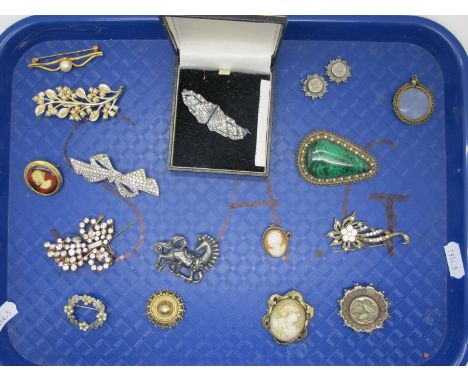 Victorian and Other Brooches, a pair of Victorian earrings (lacking fittings), circular glazed locket pendant etc :- One Tray