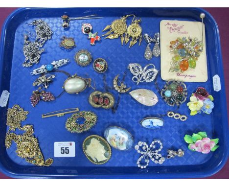 Victorian and Later Costume Brooches, earrings, stickpins, micromosaic etc :- One Tray 