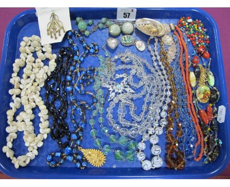 Vintage and Later Bead Necklaces, including shell necklace, foil bead, faceted bead and wire necklaces, clip on earrings, sin