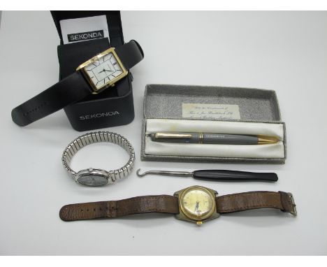 Sekonda; A Modern Rectangular Wristwatch, in original box; together with a vintage Waldman vintage gent's wristwatch, a ladie