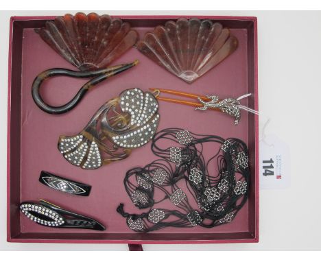 A Decorative Cut Steel Two Prong Hair Fork, vintage hair slides, cut steel beaded black fine cord etc. 
