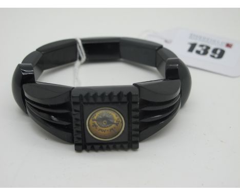 A Victorian Jet Bracelet, (expanding on elastic) with central compass panel. 