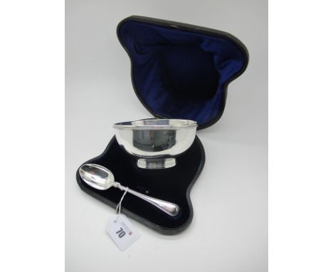 A Victorian Hallmarked Silver Bowl and Spoon, GA, London 1875, both with bead detail and monogram, bowl diameter 11.5cm (tota