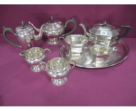 A Decorative Leclere Plated Four Piece Tea Set, each of circular form with foliate and scroll decoration, raised on circular 