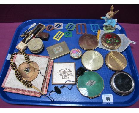 Powder Compacts, including marcasite set Stratton, Beswick Peter Rabbit (gold back stamp / ear repair), decorative button hoo