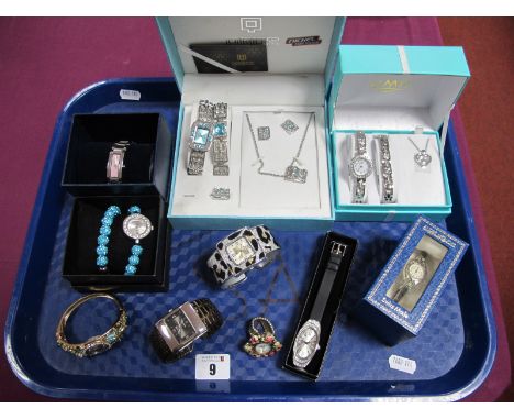 Assorted Ladies Wristwatches, including André Mouche, Hot Diamonds, Limit, Qbos, NY London, etc; boxed including three bangle