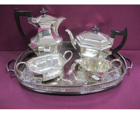 An Art Deco Style Plated Four Piece Tea Set, of plain octagonal form; together with a twin handled plated tray. (5) 