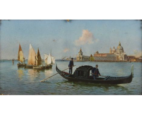 Alberto Prosdocimi (1852-1925)Gondola and sailing boats, Venice, signed, watercolour, 23.5 x 43.5cm  Spot/mark to central are