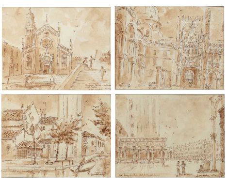 Antonio Lucarda (1904-1993)Venetian architectural views, a set of four, each signed, titled and two dated 1977/1978, sepia in