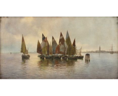 Alberto Prosdocimi (1852-1925)A gathering of sailing boats, Venice, signed, watercolour, 23 x 43.5cm  Minor discoloration/pat