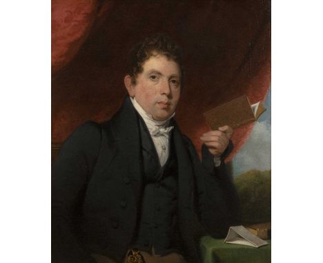 Circle of John Jackson (1778-1831)Portrait of a gentleman at a table and holding a book, oil on canvas, 68.5 x 58cm