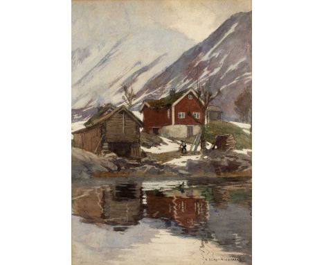 Alfred Heaton Cooper (1863-1929)Continental mountain landscape with faggot gatherer by a lodge, signed, watercolour and body-