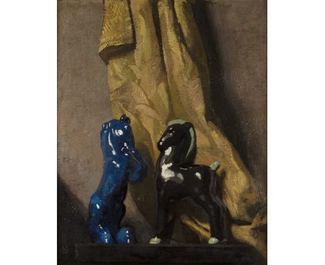 Attributed to Virgilio Constantini (1882-1924)Ceramic horses on a ledge, signed with monogram, oil on panel, 39 x 31.5cm