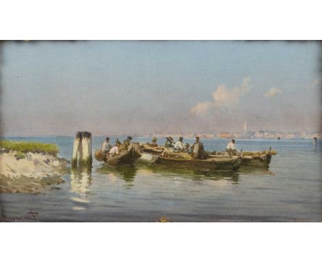Alberto Prosdocimi (1852-1925)Fishermen on barges, Venice, signed, watercolour, 16.5 x 29cm  Light time staining, colours goo