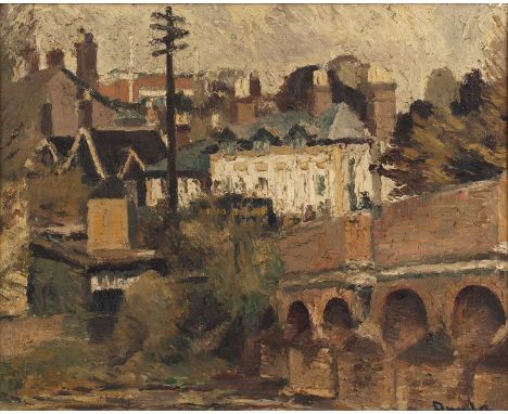 Ronald Ossory Dunlop (1894-1973)View of a town with bridge, signed, oil on canvas, 39.5 x 49.5cm  Tiny spot of paint loss upp