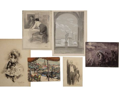 A folio of assorted watercolours and pencil drawings, artist's to include: E Potthose; R Pannett; Palmer Cox; R Goff; B Chali