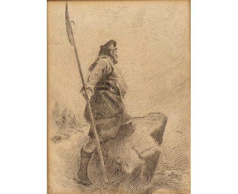 A* K*A Scottish warrior on a rock, signed with initials and indistinctly inscribed, pen and ink, 10 x 8cm, and a pair of 19th