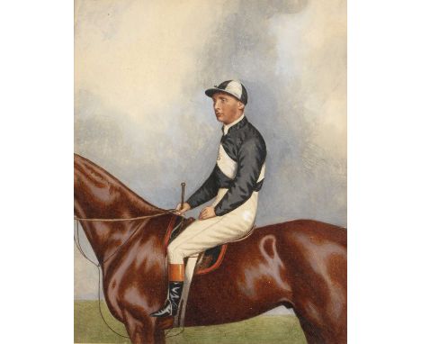 Joshua Dighton (1831-1908)Portrait of George Barrett (Jockey) seated on a racehorse, watercolour, 28.5 x 22.5cm  Appears to b