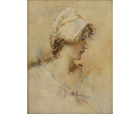 Follower of Walter Langley (1852-1922)Bust length portrait of a lady wearing a bonnet, watercolour, 35 x 26.5cm