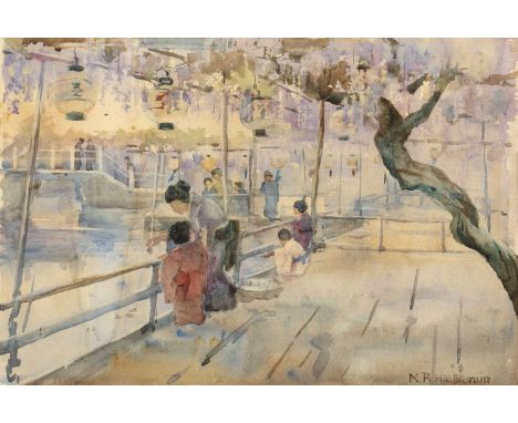 Mary R. Hill BurtonA Japanese terrace, signed, watercolour, 25.5 x 37.5  Patchy light brown discolouration to sheet, with som