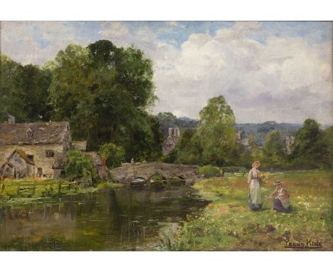 Henry John Yeend King (1854-1924)'Bibury, Gloucestershire', signed, oil on canvas board laid to panel, 35 x 51cm Inscribed to