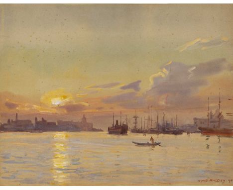 George Owen Wynne Apperley (1884-1960)'Sunset Giudecca Canal, Venice', signed and dated 1911, inscribed with title verso, wat