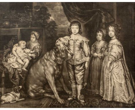 After Anthony van DyckThe Five Eldest Children of King Charles I, 17th century mezzotint, sold by E Cooper at ye Pigeon in Be