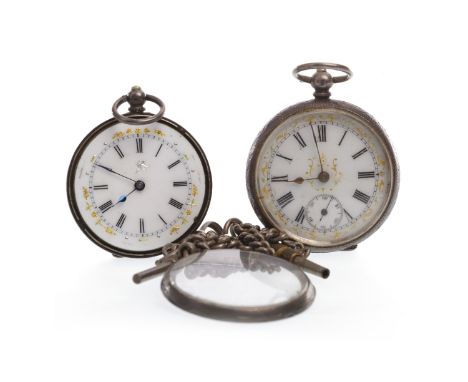 TWO VICTORIAN CONTINENTAL SILVER KEY WIND POCKET WATCHES
each with a round white enamel dial and Roman numerals, with outer s