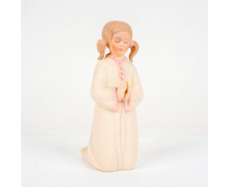 Designed by world renowned sculptor. Features a young girl with pig tails and pink accents as she wears robe and kneels to pr