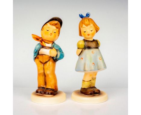 Hand painted in matte finish. Hummel Club pieces titled Two Hands, One Treat and Lucky Fellow. M. I. Hummel impressed backsta