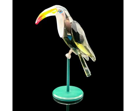 Depicts a tropical bird made of black crystal with a colorful beak and fogged crystal for the chest. Swarovski backstamp. Thi