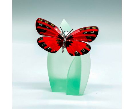 Vibrant cherry red and gold crystal butterfly attached to a green resin leaf. Butterfly is magnetized and can be removed. Ite