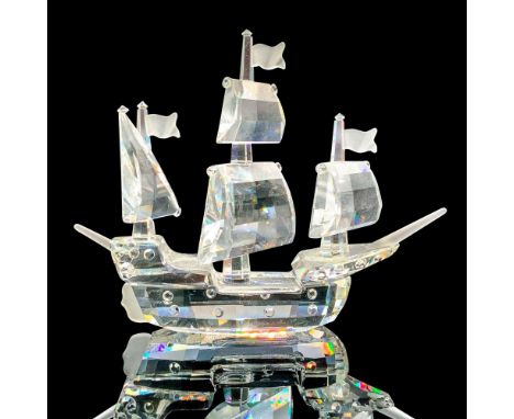 Depicts an old-time clear sail ship with three masts. Swarovski backstamp. This item has its original box. Dimensions of orig