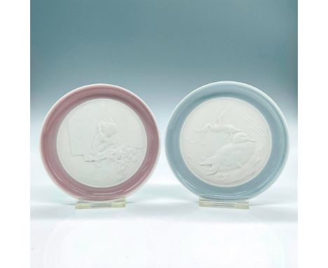 Mini decorative plates with a matte finish embossed center, depicting two ducks and a young girl at the window. Lladro backst