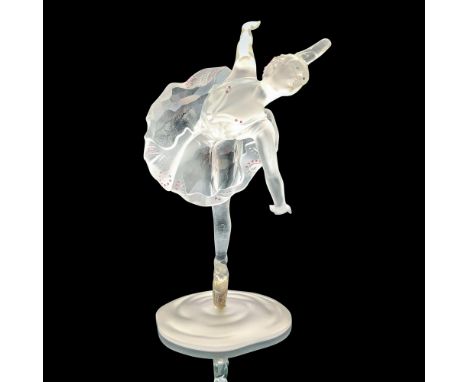 Depicts a clear ballerina stretching while en pointe. Swarovski backstamp. This item has its original box. Dimensions of orig