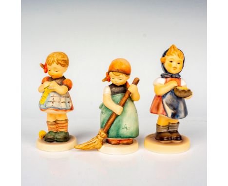 Hand painted in matte finish pieces titled From Me To You, A Stitch In Time, and Little Sweeper. M. I. Hummel impressed backs