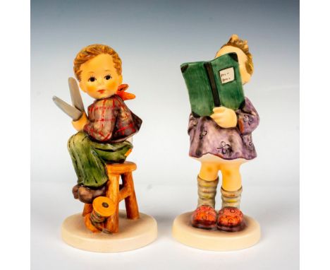 Hand painted in matte finish modeled as a seated young boy holding scissors and a young boy reading a poem out loud. M. I. Hu