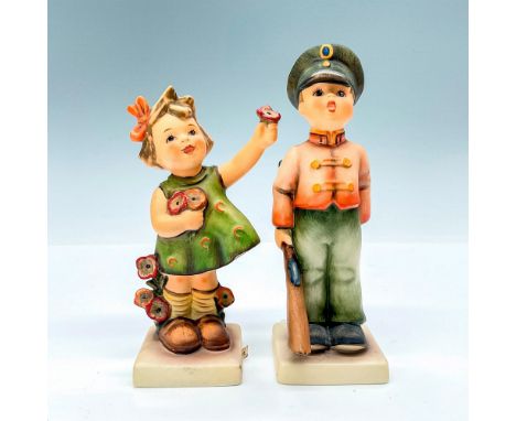 This pair includes Soldier Boy #332 TMK6 and Spring Cheer Girl holding flower #72 TMK5. Goebel backstamp. Largest piece measu