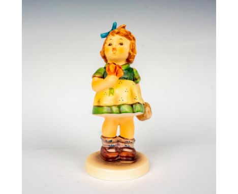 Hand painted in matte finish modeled as a young girl carrying a bouquet of flowers. M. I. Hummel impressed backstamp. Goebel 